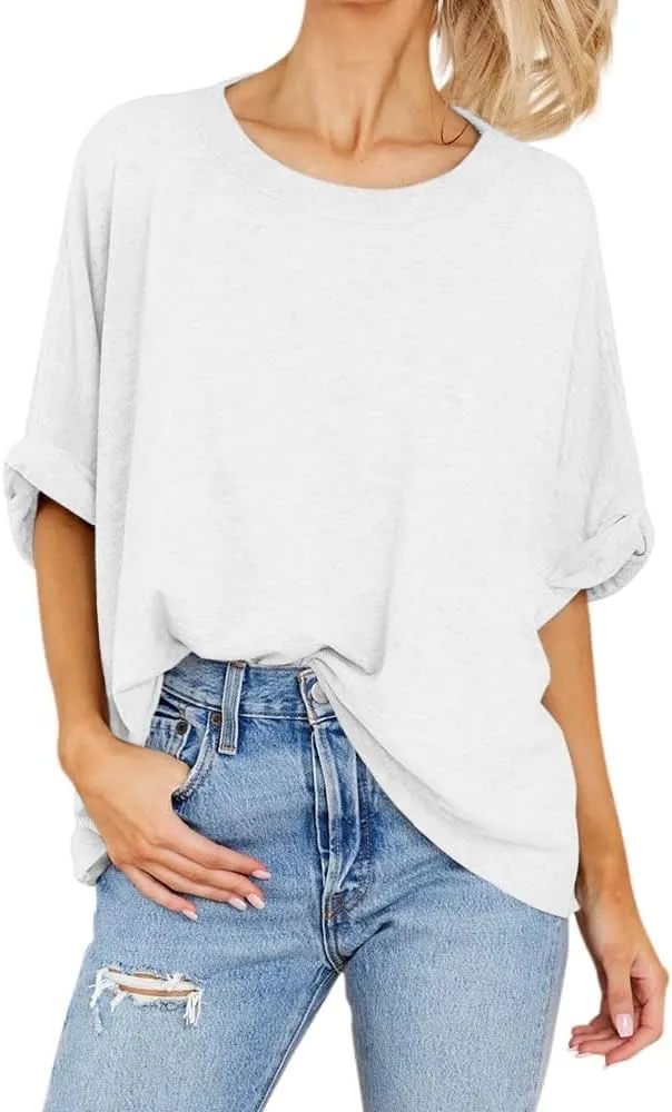 Womens Oversized Blouses Summer Casual T Shirts Loose Fit Tshirts Solid Short Sleeve Tops