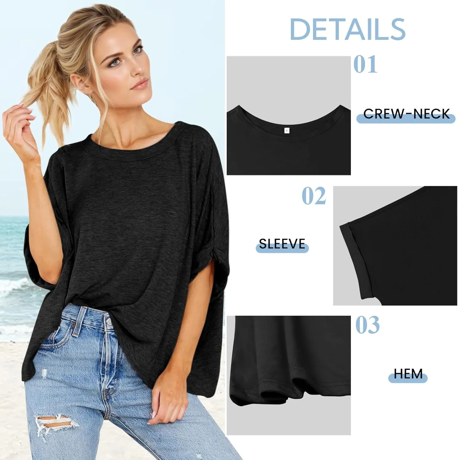 Womens Oversized Blouses Summer Casual T Shirts Loose Fit Tshirts Solid Short Sleeve Tops
