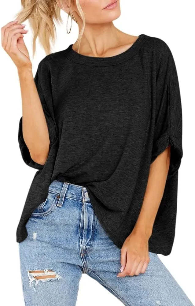 Womens Oversized Blouses Summer Casual T Shirts Loose Fit Tshirts Solid Short Sleeve Tops