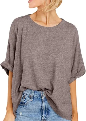 Womens Oversized Blouses Summer Casual T Shirts Loose Fit Tshirts Solid Short Sleeve Tops