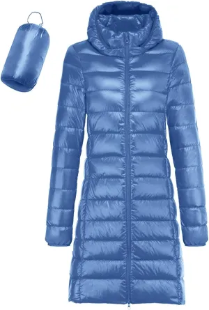 Women's Packable Puffer Jackets Lightweight Windproof Down Jackets Hooded Casual Comfy Winter Warm Long Puffer Coats