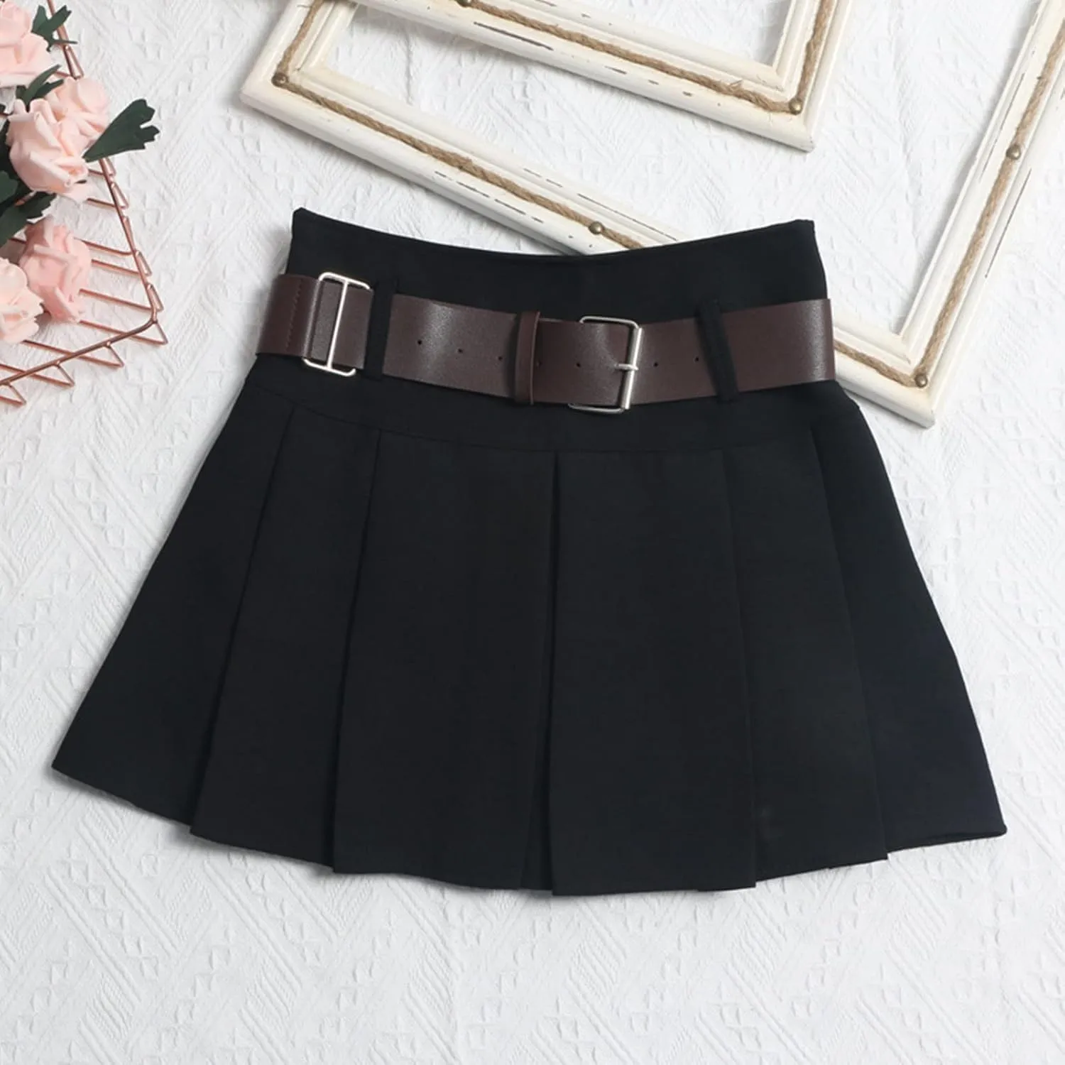 Women's Pleated Mini Skirt with Belt Casual High Waisted A Line Dressy Skirt Summer Work Business Skirt for Office
