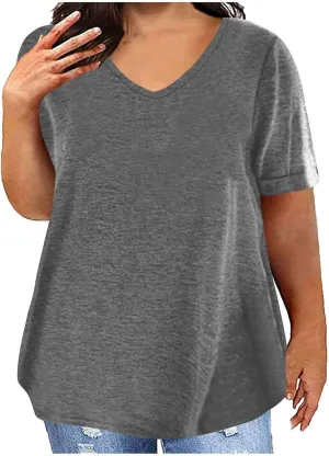 Womens Plus Size Summer Tops Short Sleeve V Neck T Shirts Casual Loose Fit Solid Tshirts Oversized Going Out Tees