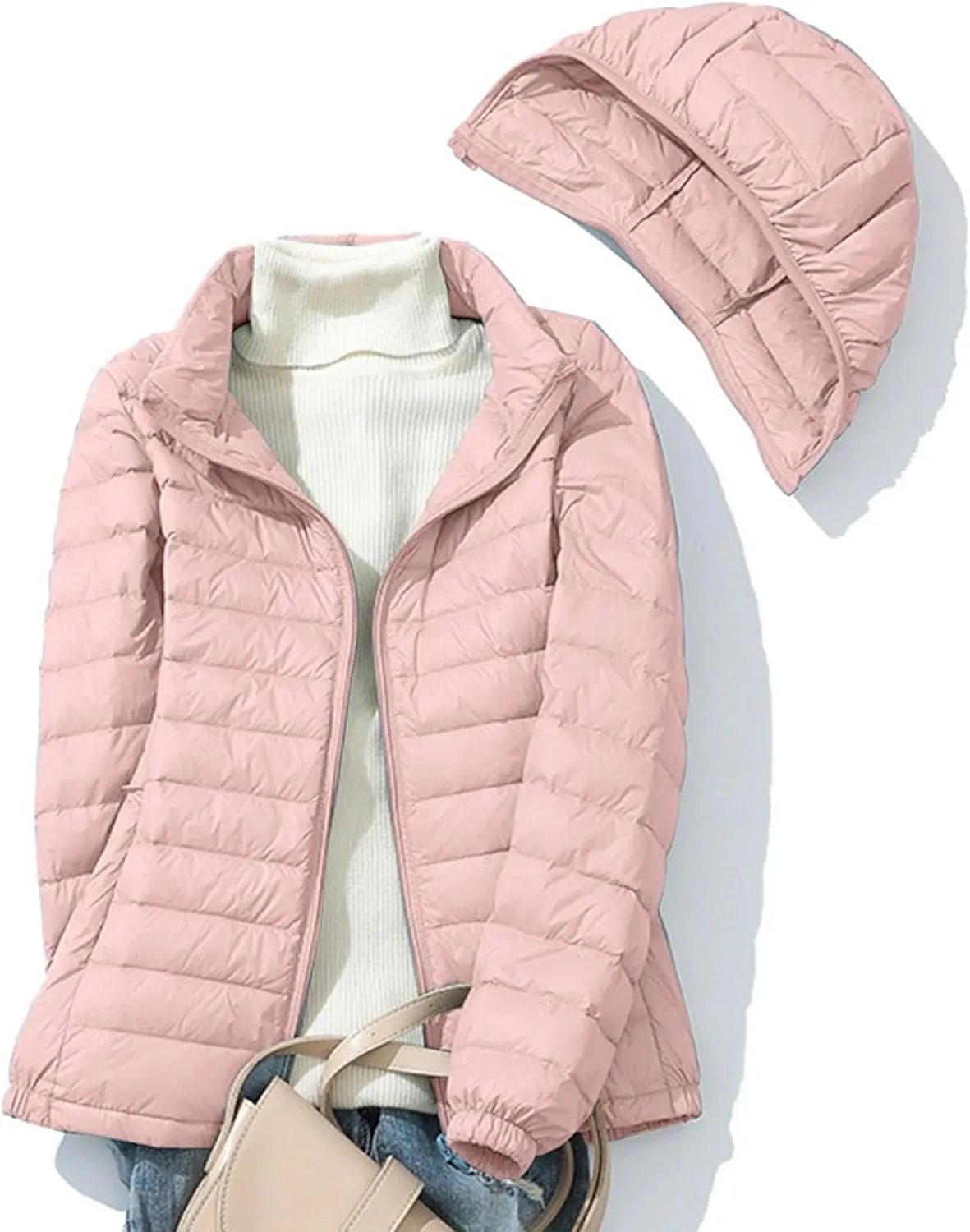 Women's Removable Hooded Down Jackets Plus Size Lightweight Packable Puffer Jackets Trendy Hooded Coat Outwear