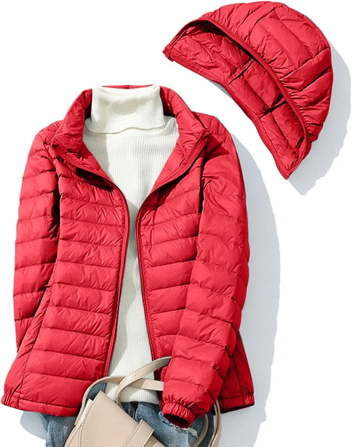 Women's Removable Hooded Down Jackets Plus Size Lightweight Packable Puffer Jackets Trendy Hooded Coat Outwear