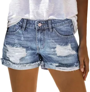 Women's Ripped Denim Shorts Fashionable High Waisted Short Pants Rolled Up Hem Shorts Jeans Summer Stretch Hot Shorts
