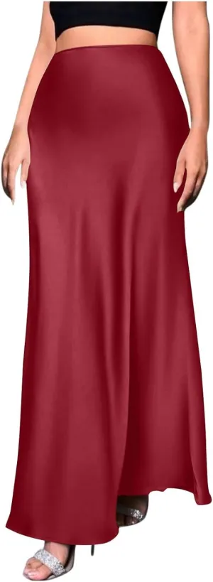 Womens Satin High Waist Elastic Maxi Skirt Silk Elegant Dressy Bodycon A-Line Long Skirts Cocktail Party Outfits
