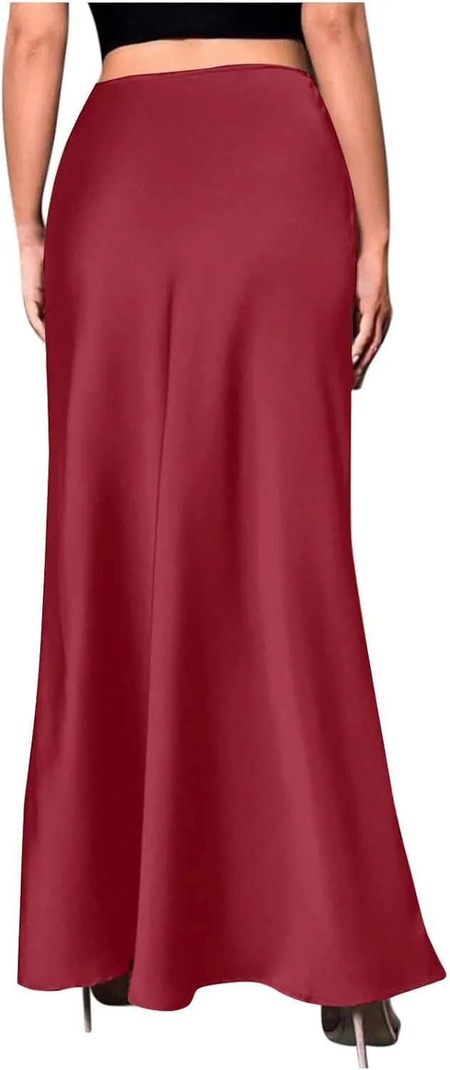 Womens Satin High Waist Elastic Maxi Skirt Silk Elegant Dressy Bodycon A-Line Long Skirts Cocktail Party Outfits