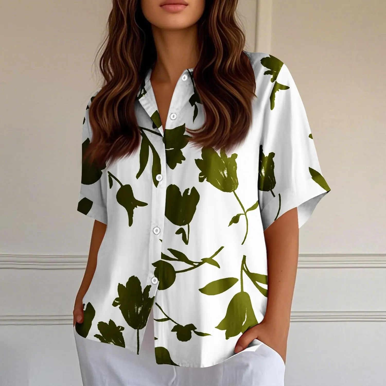 Womens Shirts Short Sleeve Trendy Button Down Blouse Summer Casual Linen Cute Shirts Floral Print V Neck Tops Collared