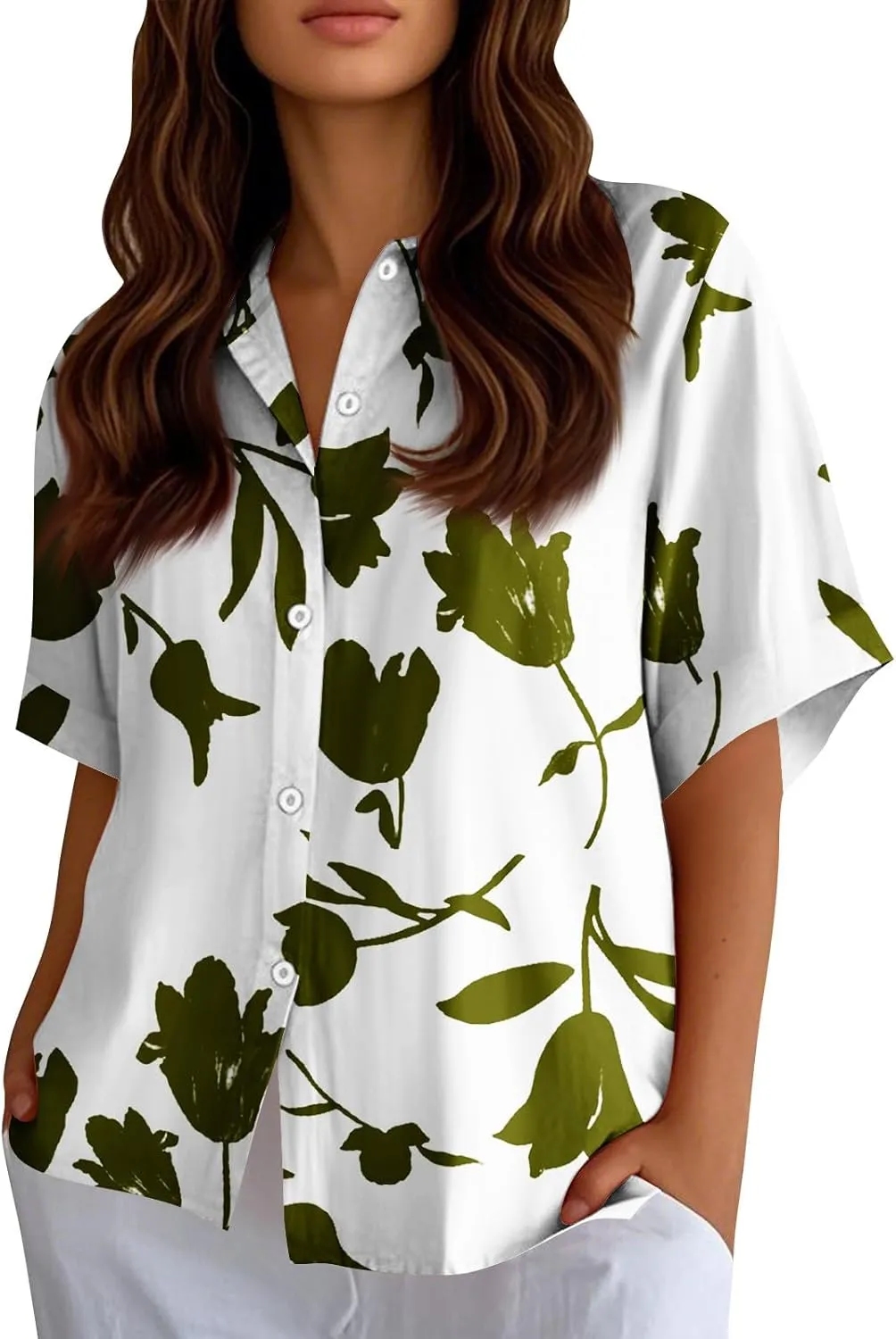 Womens Shirts Short Sleeve Trendy Button Down Blouse Summer Casual Linen Cute Shirts Floral Print V Neck Tops Collared