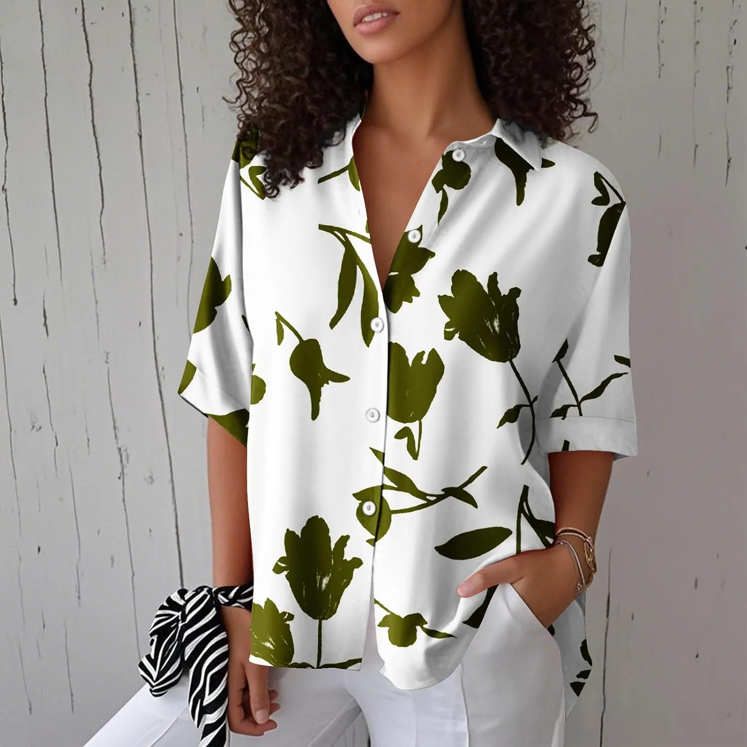 Womens Shirts Short Sleeve Trendy Button Down Blouse Summer Casual Linen Cute Shirts Floral Print V Neck Tops Collared