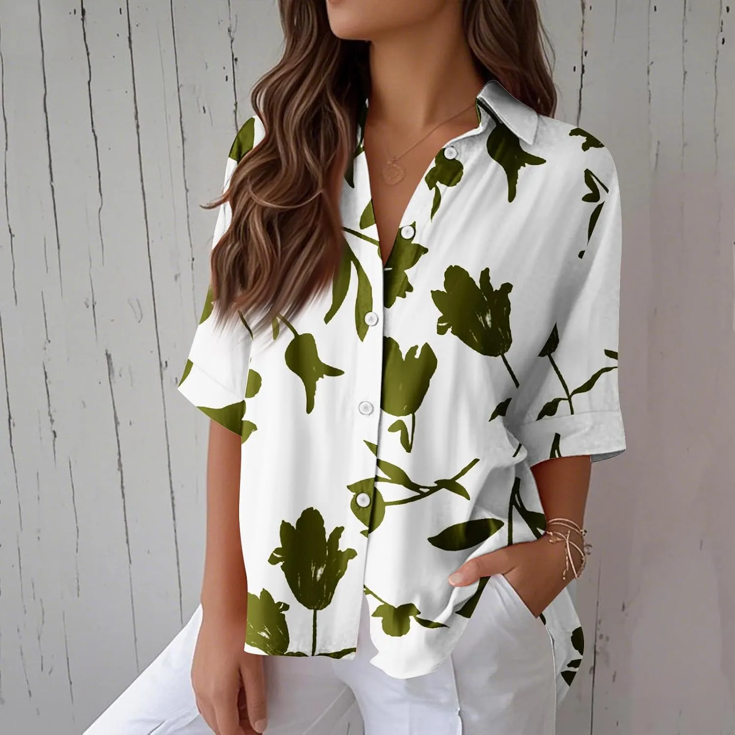 Womens Shirts Short Sleeve Trendy Button Down Blouse Summer Casual Linen Cute Shirts Floral Print V Neck Tops Collared