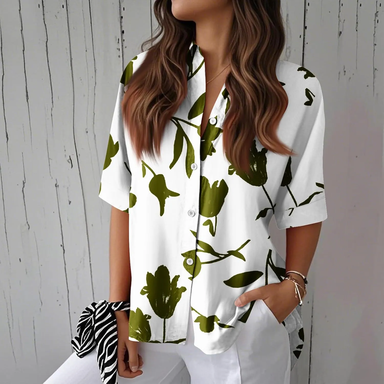 Womens Shirts Short Sleeve Trendy Button Down Blouse Summer Casual Linen Cute Shirts Floral Print V Neck Tops Collared