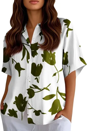 Womens Shirts Short Sleeve Trendy Button Down Blouse Summer Casual Linen Cute Shirts Floral Print V Neck Tops Collared
