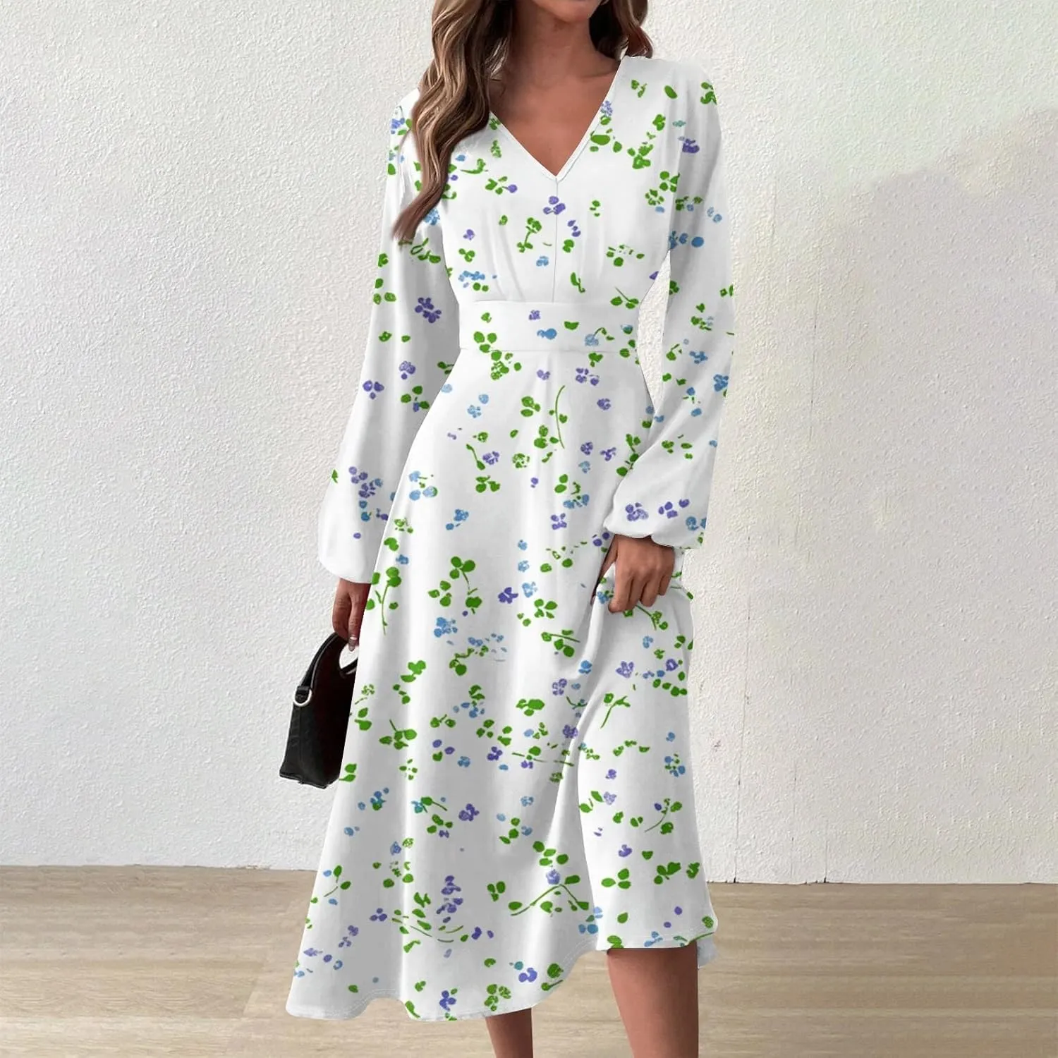 Womens Spring Dresses 2025 Long Sleeve Midi V Neck Boho Ladies Modest Summer Dressy Fashion Dress