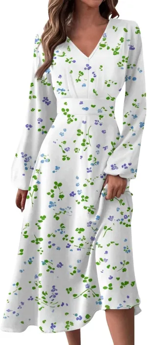 Womens Spring Dresses 2025 Long Sleeve Midi V Neck Boho Ladies Modest Summer Dressy Fashion Dress