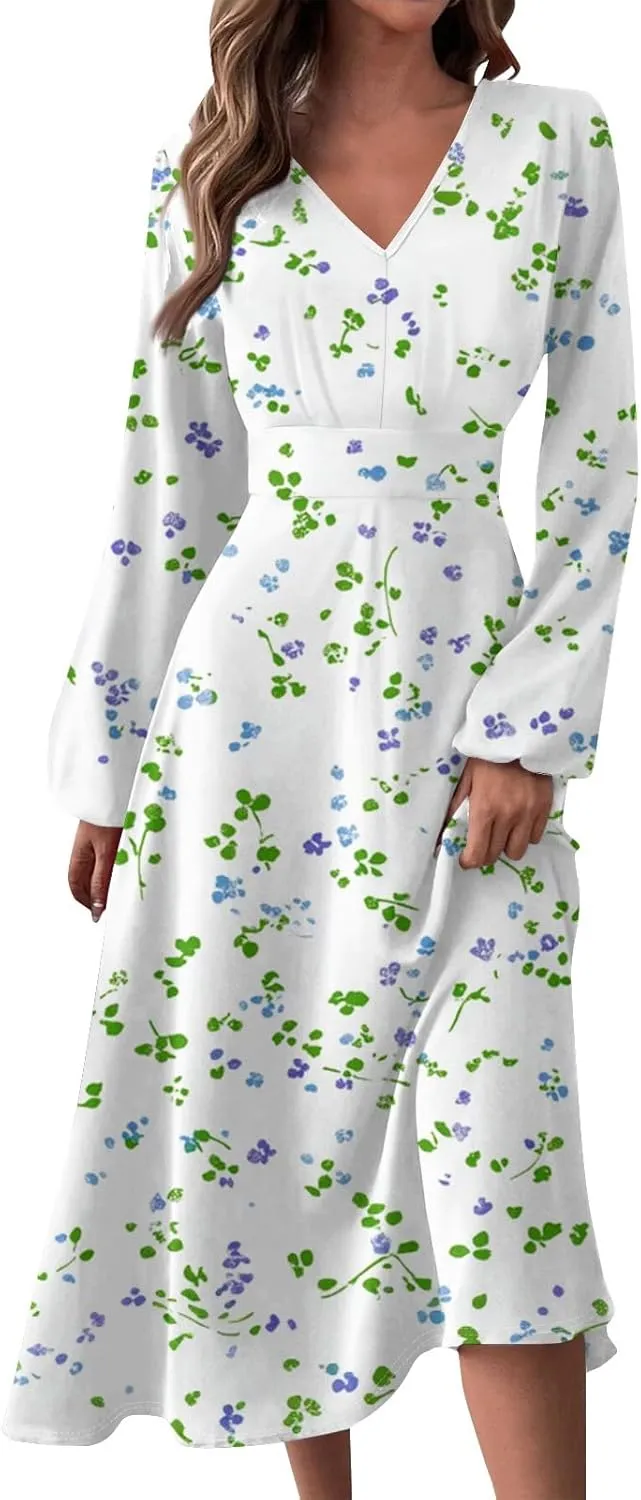 Womens Spring Dresses 2025 Long Sleeve Midi V Neck Boho Ladies Modest Summer Dressy Fashion Dress