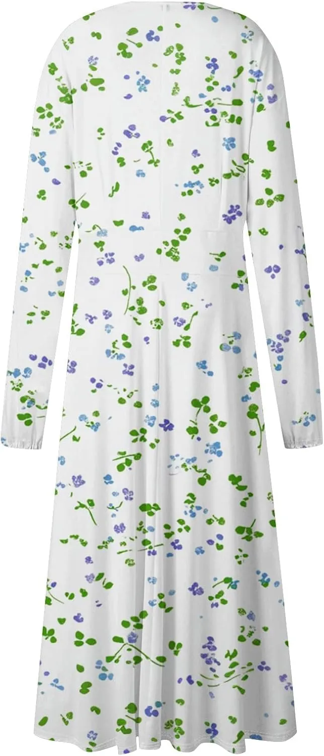 Womens Spring Dresses 2025 Long Sleeve Midi V Neck Boho Ladies Modest Summer Dressy Fashion Dress