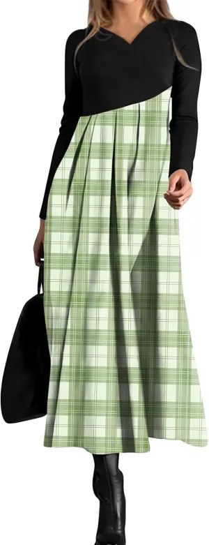 Womens Spring Dresses 2025 V Neck Midi Long Sleeve Work Teens Flowy Modest Office Western Dress