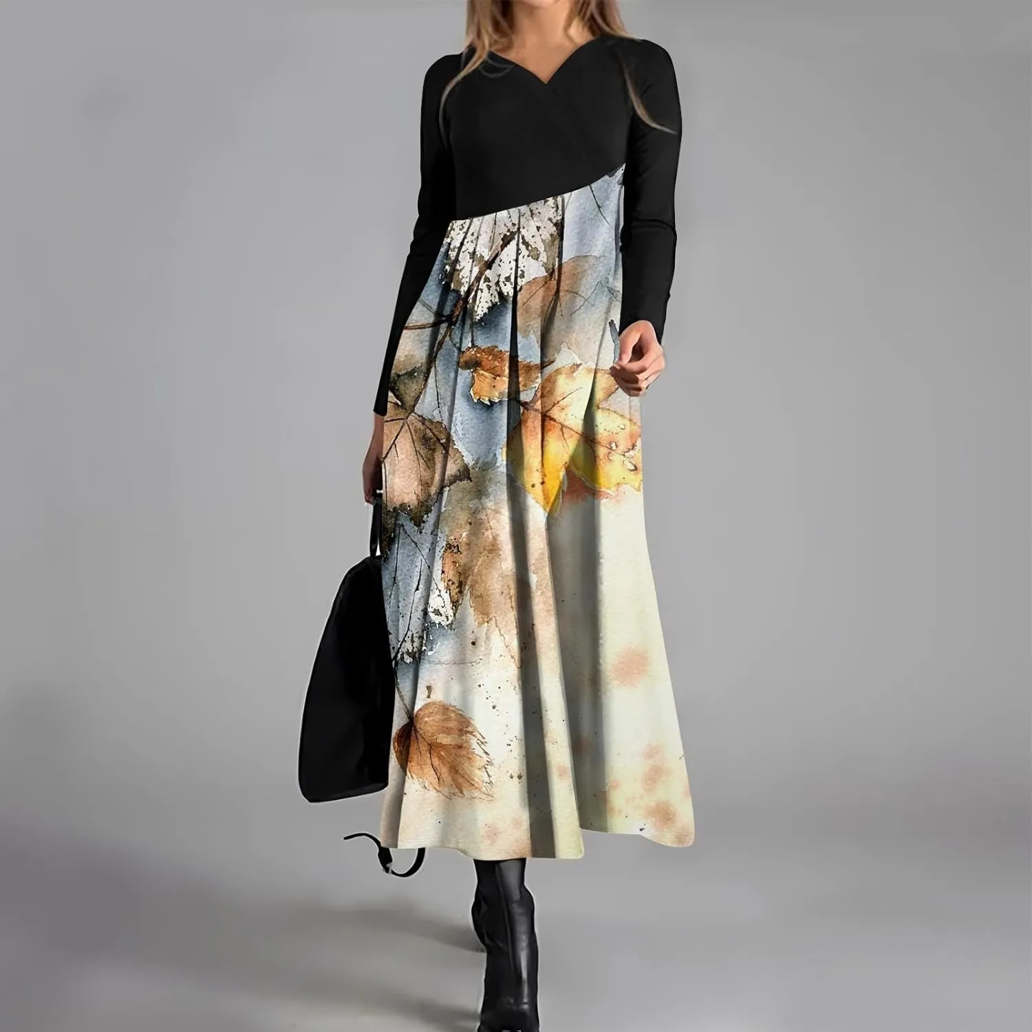 Womens Spring Fashion 2025 Dress Midi V Neck Long Sleeve Tea Length Boho Summer Trendy Western Curvy Dress