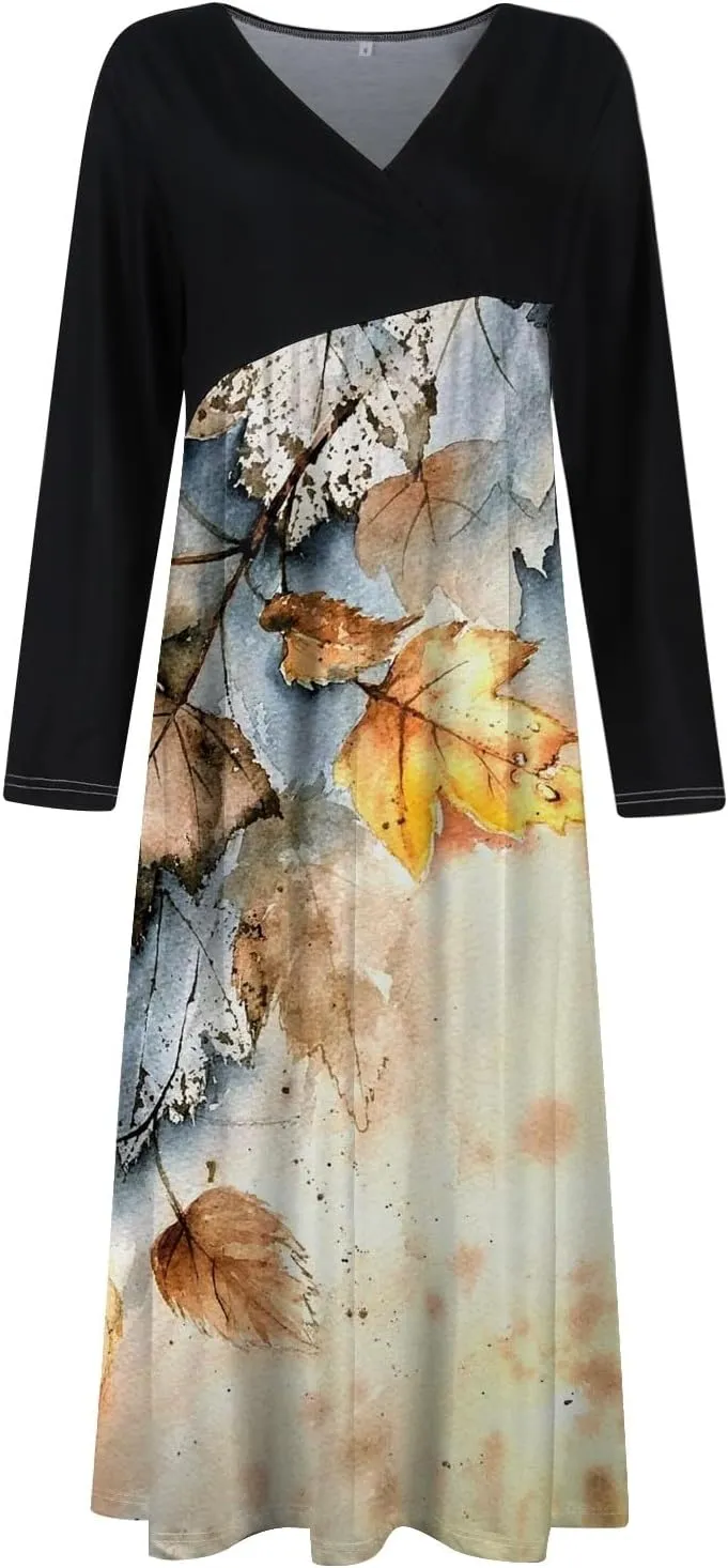 Womens Spring Fashion 2025 Dress Midi V Neck Long Sleeve Tea Length Boho Summer Trendy Western Curvy Dress