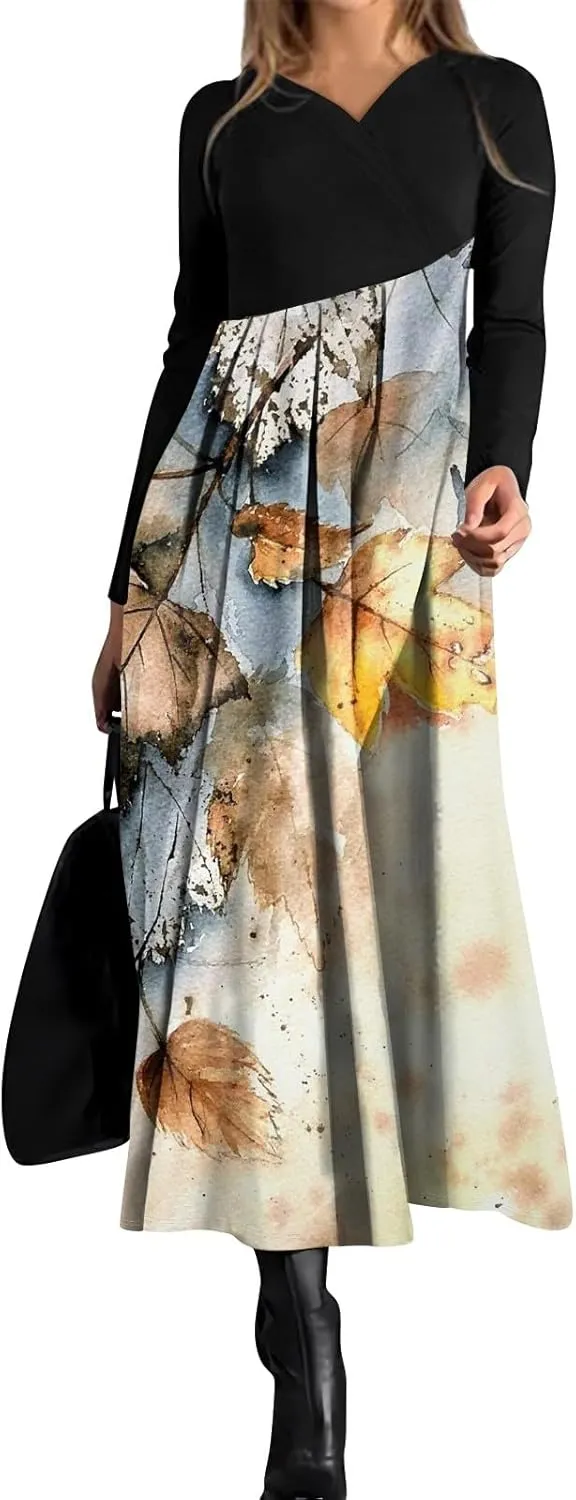 Womens Spring Fashion 2025 Dress Midi V Neck Long Sleeve Tea Length Boho Summer Trendy Western Curvy Dress