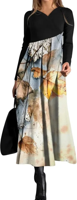 Womens Spring Fashion 2025 Dress Midi V Neck Long Sleeve Tea Length Boho Summer Trendy Western Curvy Dress