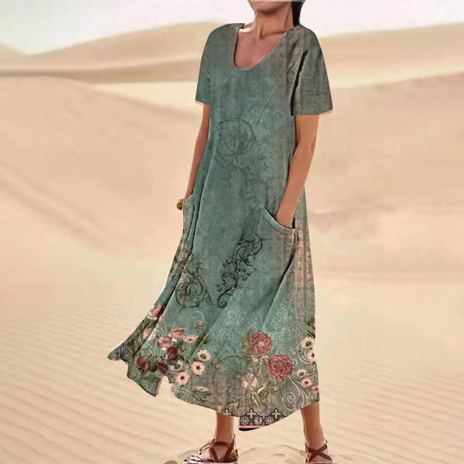 Women's Summer Casual Dress Color Pocket V Neck Sleeveless Casual Dress Square Neck Floral Midi Dresses 2025