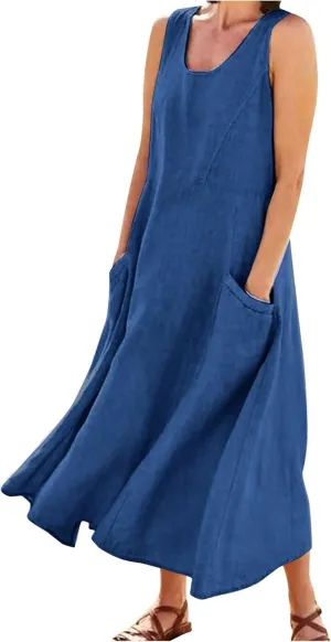 Women's Summer Casual Sleeveless Dress Maxi Tunic Tank Beach Dress Vacation Casual Dresses Sundresses with Pockets