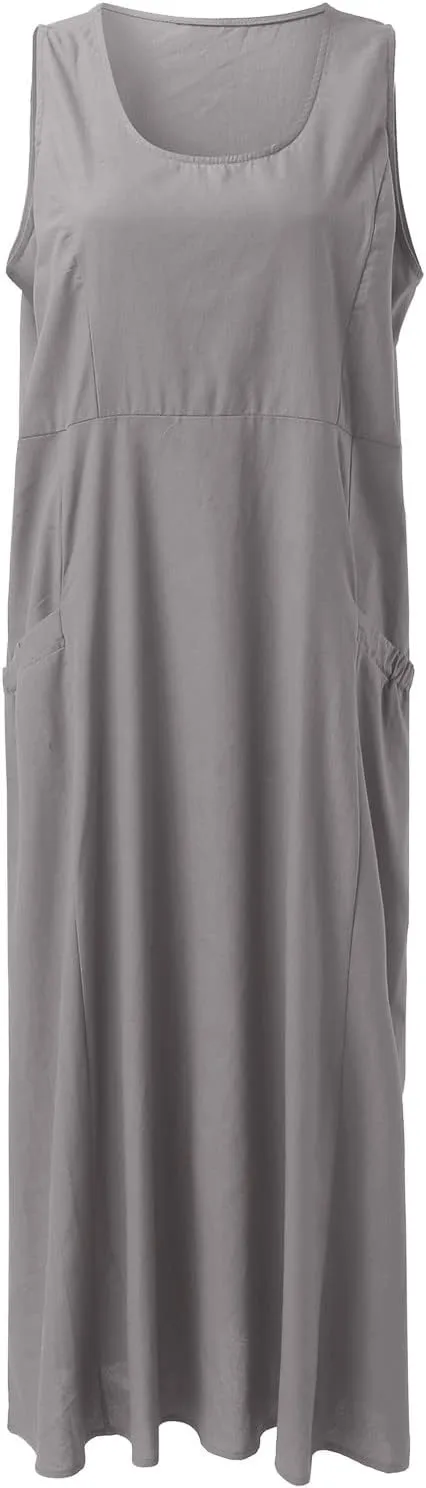 Women's Summer Casual Sleeveless Dress Maxi Tunic Tank Beach Dress Vacation Casual Dresses Sundresses with Pockets