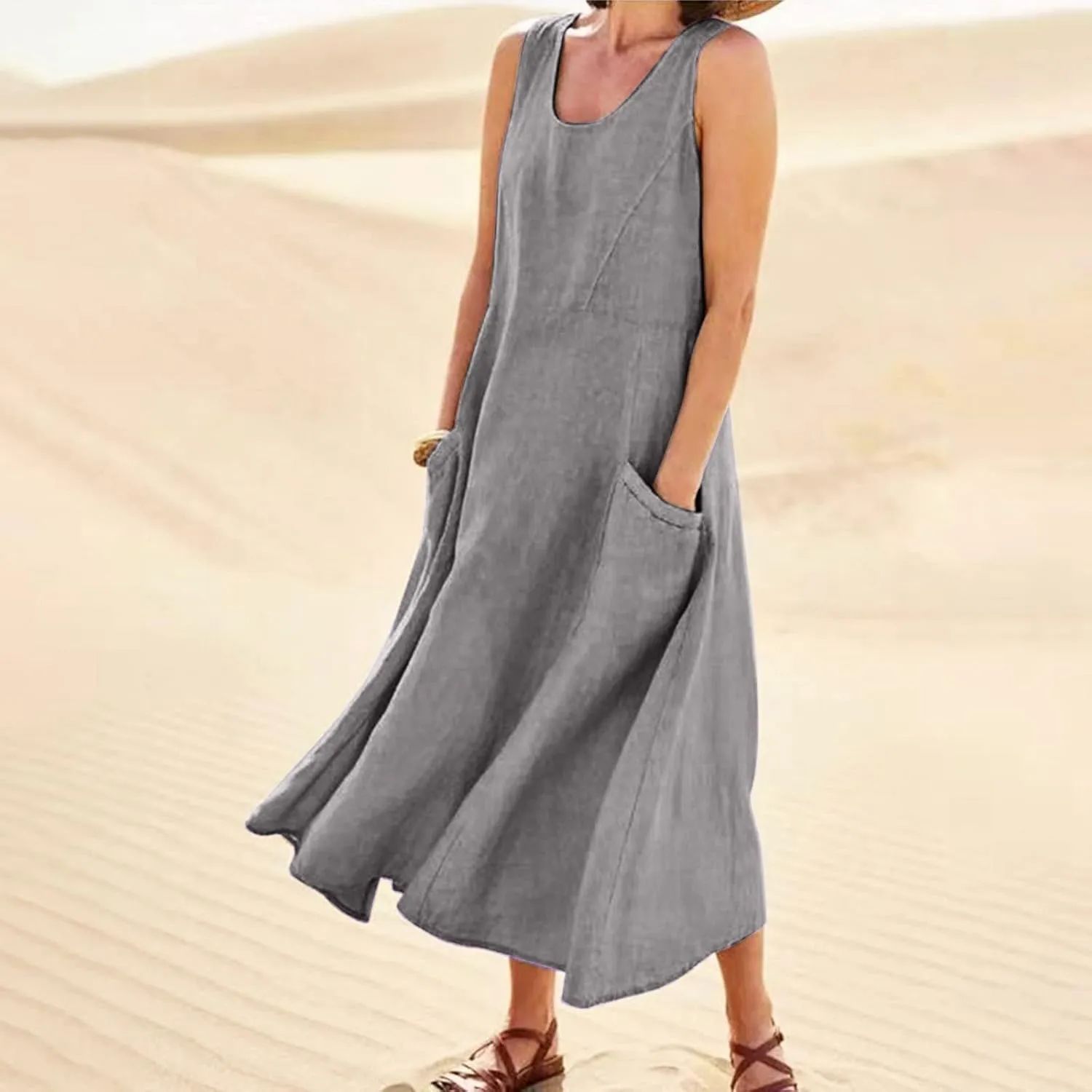 Women's Summer Casual Sleeveless Dress Maxi Tunic Tank Beach Dress Vacation Casual Dresses Sundresses with Pockets