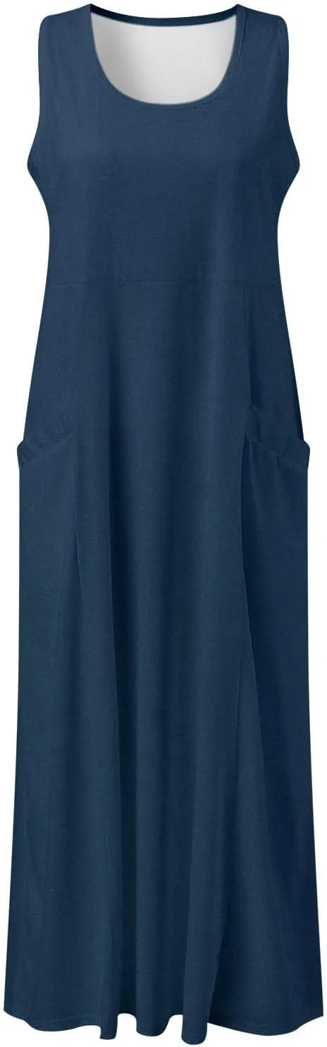 Women's Summer Casual Sleeveless Dress Maxi Tunic Tank Beach Dress Vacation Casual Dresses Sundresses with Pockets