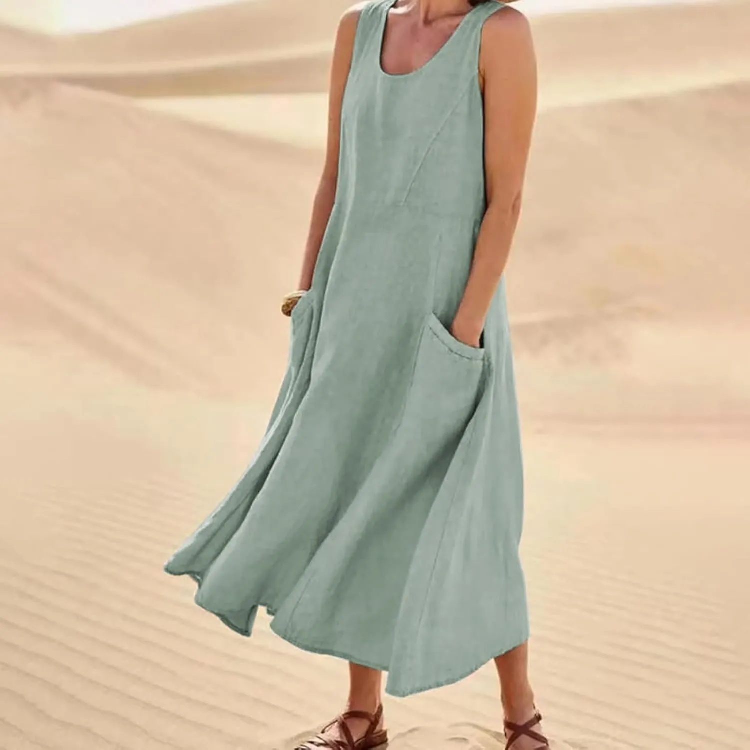 Women's Summer Casual Sleeveless Dress Maxi Tunic Tank Beach Dress Vacation Casual Dresses Sundresses with Pockets