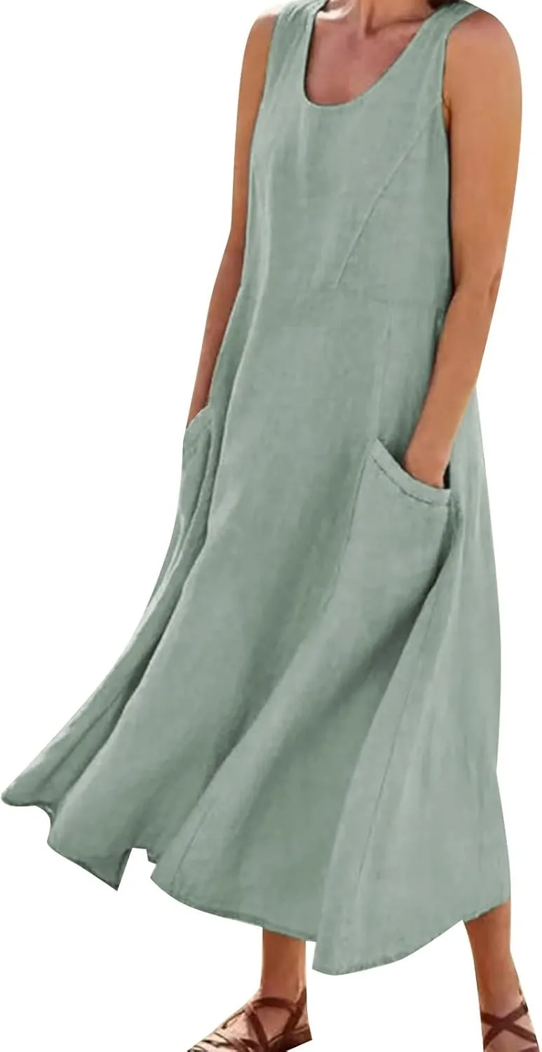Women's Summer Casual Sleeveless Dress Maxi Tunic Tank Beach Dress Vacation Casual Dresses Sundresses with Pockets