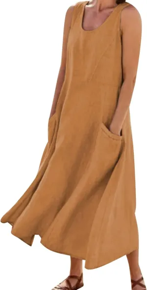 Women's Summer Casual Sleeveless Dress Maxi Tunic Tank Beach Dress Vacation Casual Dresses Sundresses with Pockets