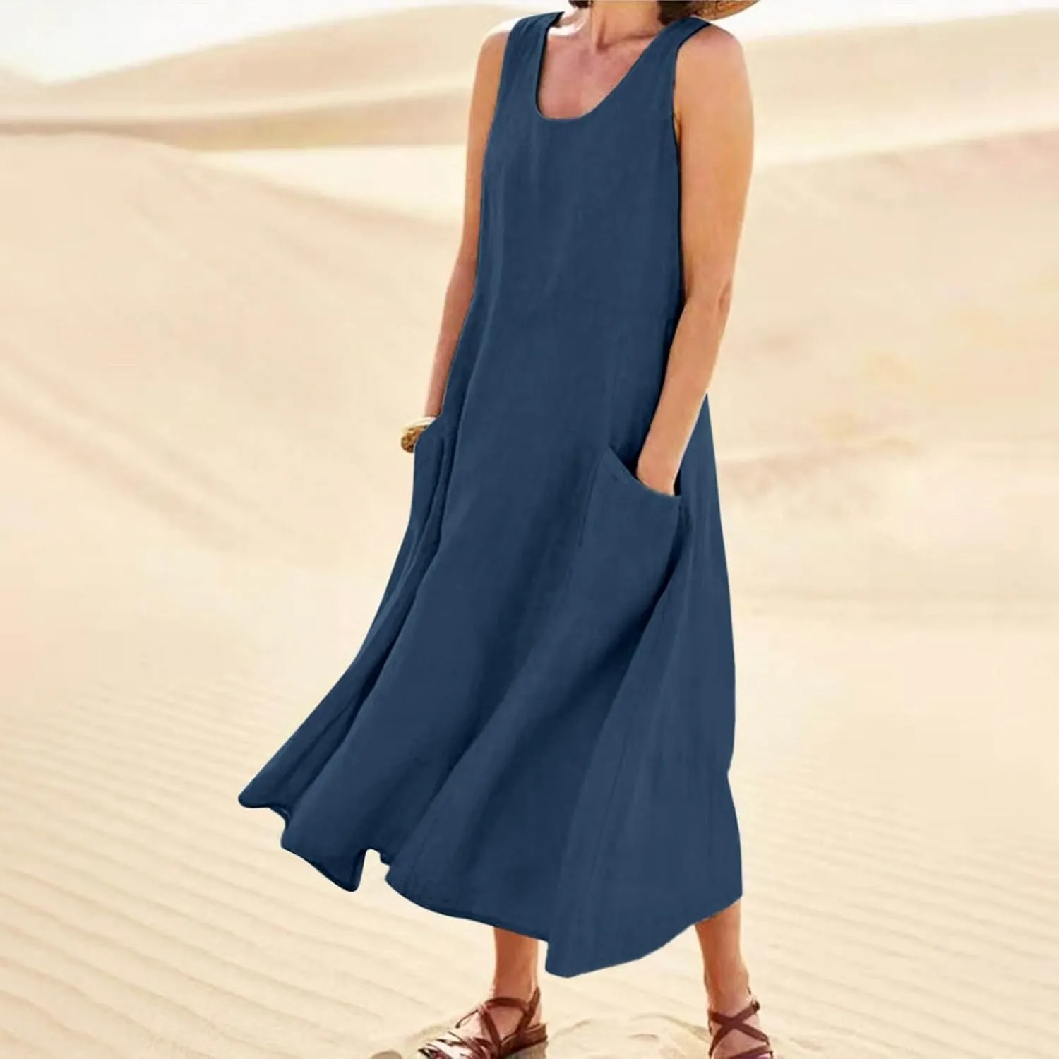 Women's Summer Casual Sleeveless Dress Maxi Tunic Tank Beach Dress Vacation Casual Dresses Sundresses with Pockets