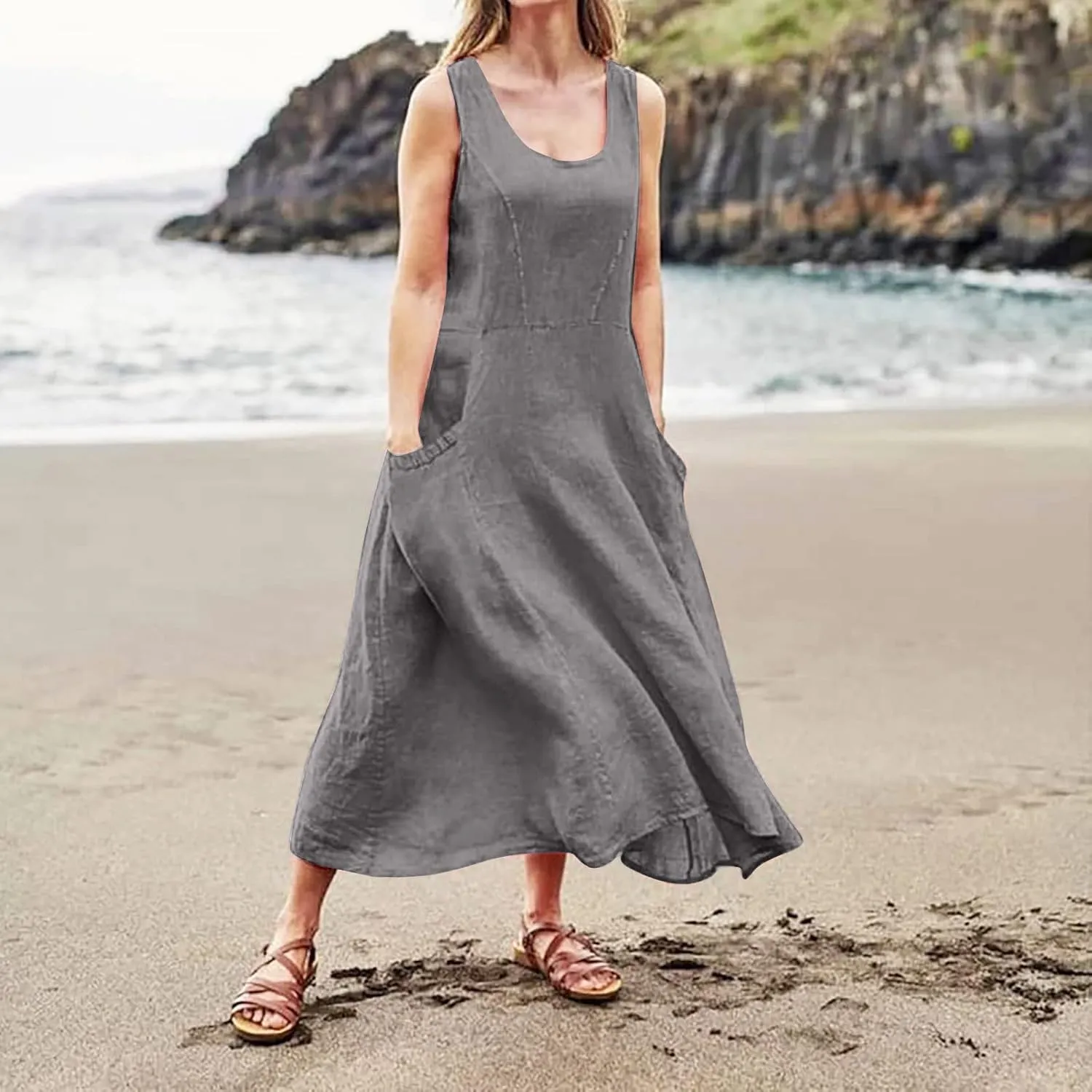 Women's Summer Casual Sleeveless Dress Maxi Tunic Tank Beach Dress Vacation Casual Dresses Sundresses with Pockets