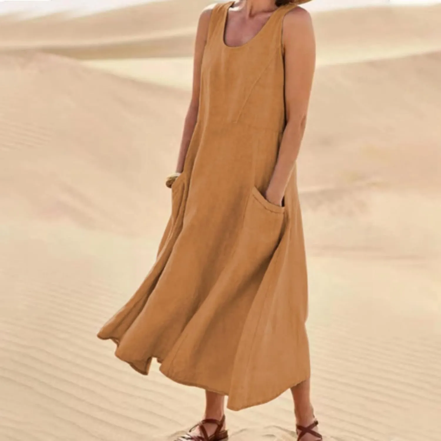 Women's Summer Casual Sleeveless Dress Maxi Tunic Tank Beach Dress Vacation Casual Dresses Sundresses with Pockets