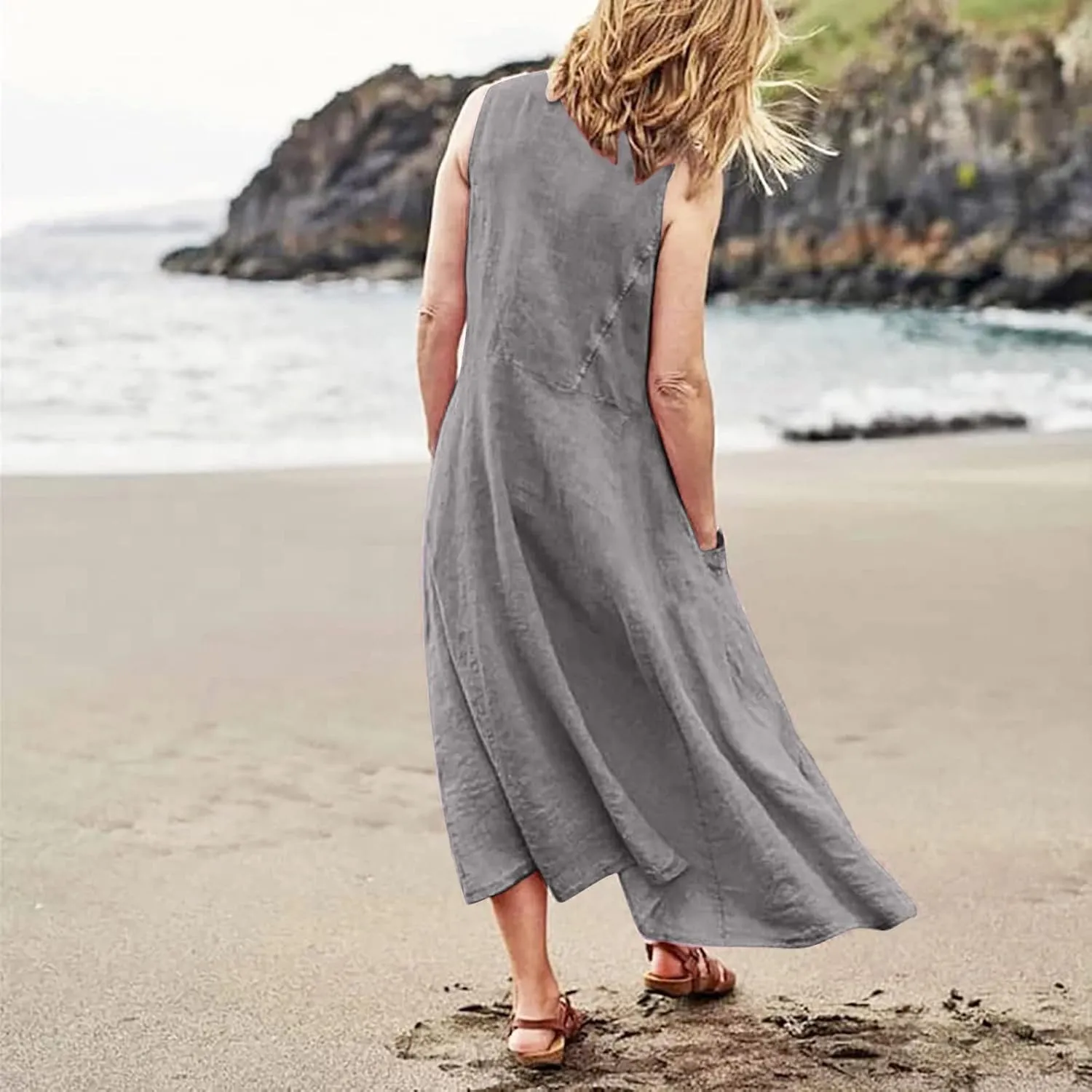 Women's Summer Casual Sleeveless Dress Maxi Tunic Tank Beach Dress Vacation Casual Dresses Sundresses with Pockets