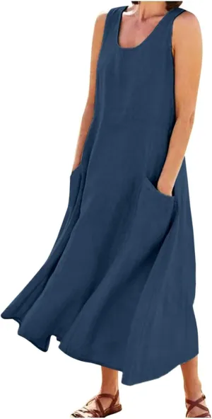 Women's Summer Casual Sleeveless Dress Maxi Tunic Tank Beach Dress Vacation Casual Dresses Sundresses with Pockets