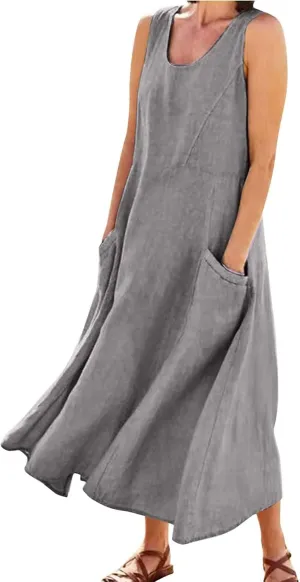 Women's Summer Casual Sleeveless Dress Maxi Tunic Tank Beach Dress Vacation Casual Dresses Sundresses with Pockets