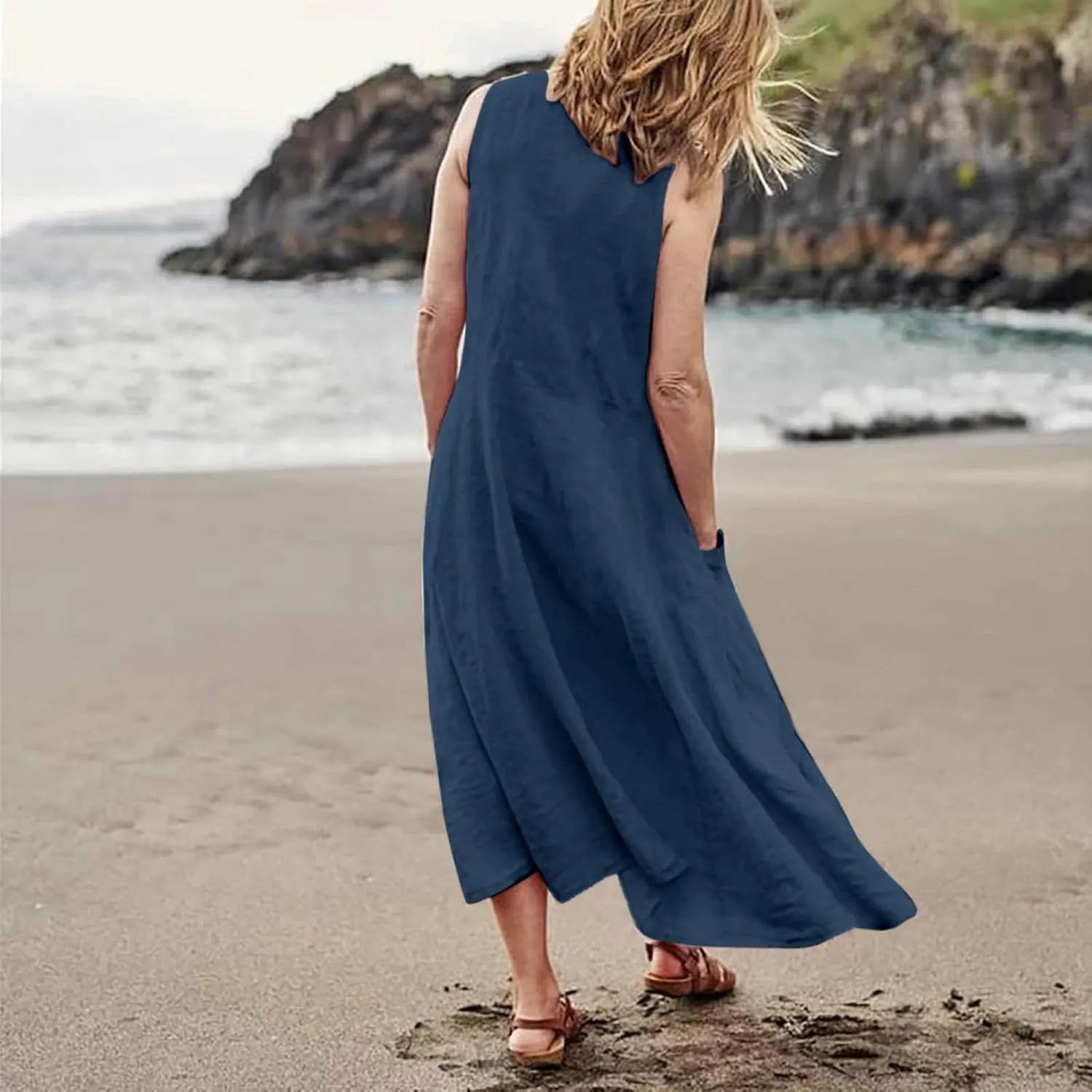Women's Summer Casual Sleeveless Dress Maxi Tunic Tank Beach Dress Vacation Casual Dresses Sundresses with Pockets