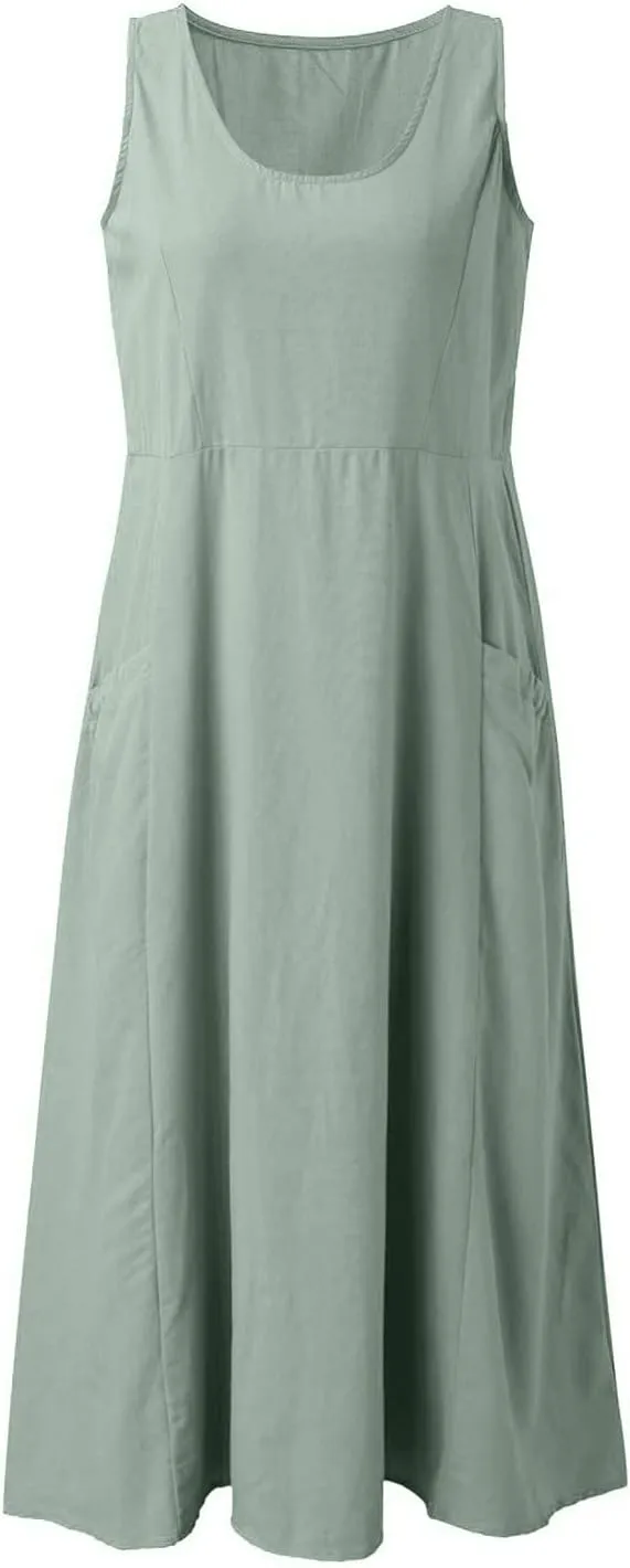 Women's Summer Casual Sleeveless Dress Maxi Tunic Tank Beach Dress Vacation Casual Dresses Sundresses with Pockets