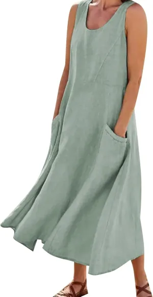 Women's Summer Casual Sleeveless Dress Maxi Tunic Tank Beach Dress Vacation Casual Dresses Sundresses with Pockets