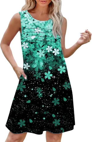 Womens Summer Dresses Casual Womens with Pockets Summer Casual Tank Dress Sleeveless Midi Beach Dress Cotton Gauze