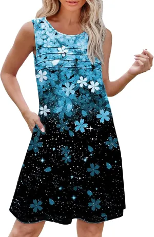 Womens Summer Dresses Casual Womens with Pockets Summer Casual Tank Dress Sleeveless Midi Beach Dress Cotton Gauze