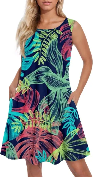 Womens Summer Dresses Sun Dress Short Vacation Dress Sleeveless Tank Dresses Beach Cover Up Vest with Pocket
