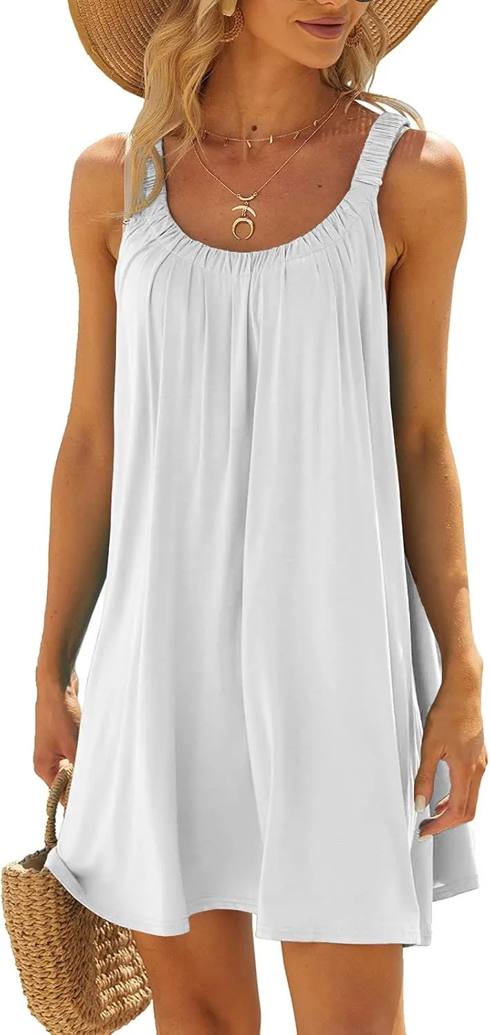 Womens Summer Dresses Vacation 2024 Casual Solid Color Beach Sun Dress Casual Plus Size Crewneck Knee Length Dress