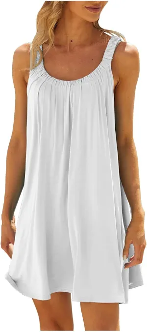 Womens Summer Dresses Vacation 2024 Casual Solid Color Beach Sun Dress Casual Plus Size Crewneck Knee Length Dress