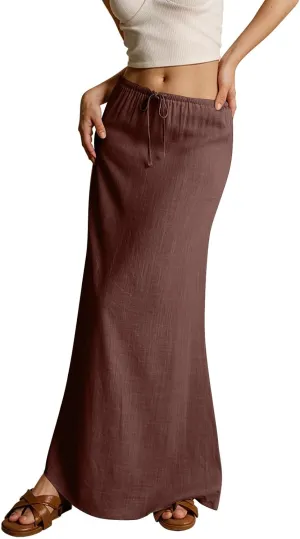 Women's Summer Maxi Linen Skirt Elastic Low Waist Drawstring A-Line Casual Skirts Boho Flowy Beach Long Skirts